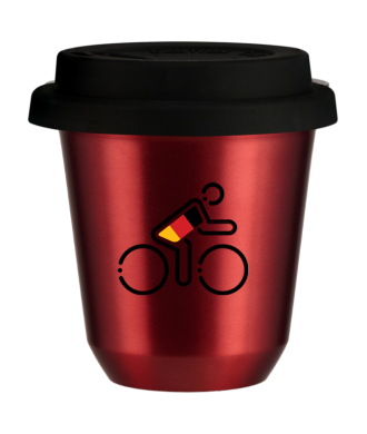 Tasse 80 ml ROUGE MÉTALLIQUE "Cycliste aux couleurs allemandes", avec couvercle noir Tasse 80 ml ROUGE MÉTALLIQUE "Cycliste aux couleurs allemandes", avec couvercle noir