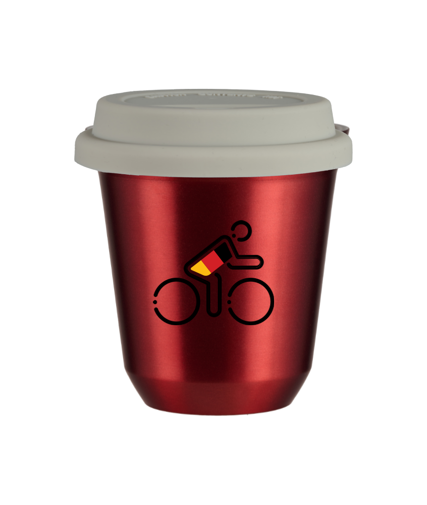 Tasse 80 ml ROUGE MÉTALLIQUE "Cycliste aux couleurs allemandes", avec couvercle blanc
