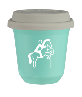 Tasse 80 ml TURQUOISE "Équitation 1 (blanc)", avec couvercle blanc Tasse 80 ml TURQUOISE "Équitation 1 (blanc)", avec couvercle blanc