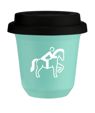 Tasse 80 ml TURQUOISE "Équitation 2 (blanc)", avec couvercle noir Tasse 80 ml TURQUOISE "Équitation 2 (blanc)", avec couvercle noir