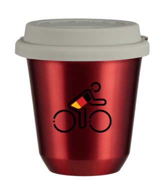 Tasse 80 ml ROUGE MÉTALLIQUE "Cycliste aux couleurs allemandes (noir)", avec couvercle blanc Tasse 80 ml ROUGE MÉTALLIQUE "Cycliste aux couleurs allemandes (noir)", avec couvercle blanc