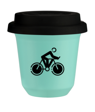 Tasse 80 ml TURQUOISE "Cyclisme 2", avec couvercle noir Tasse 80 ml TURQUOISE "Cyclisme 2", avec couvercle noir