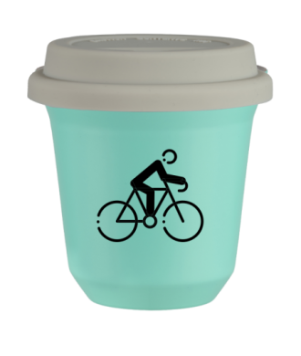 Tasse 80 ml TURQUOISE "Cyclisme 3", avec couvercle blanc Tasse 80 ml TURQUOISE "Cyclisme 3", avec couvercle blanc