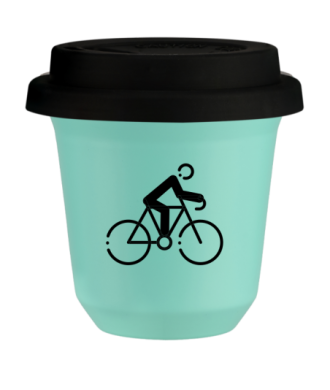 Tasse 80 ml TURQUOISE "Cyclisme 3 (noir)", avec couvercle noir Tasse 80 ml TURQUOISE "Cyclisme 3 (noir)", avec couvercle noir