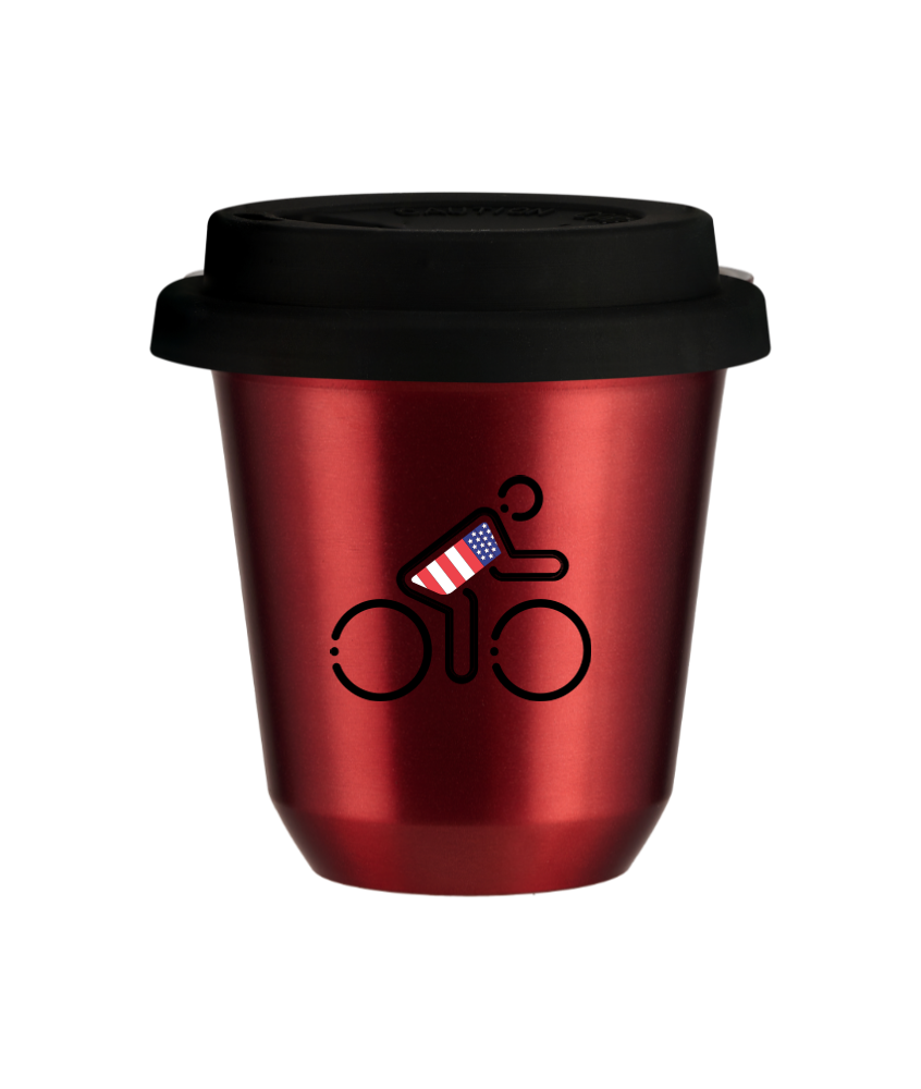 Tasse 80 ml ROUGE MÉTALLIQUE "Cycliste aux couleurs britanniques", avec couvercle noir