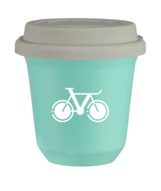 Tasse 80 ml TURQUOISE "Vélo 1 (blanc)", avec couvercle blanc Tasse 80 ml TURQUOISE "Vélo 1 (blanc)", avec couvercle blanc