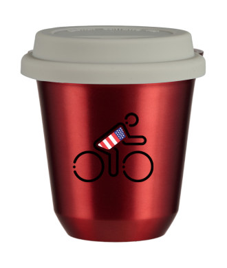 Tasse 80 ml ROUGE MÉTALLIQUE "Cycliste aux couleurs britanniques (noir)", avec couvercle blanc Tasse 80 ml ROUGE MÉTALLIQUE "Cycliste aux couleurs britanniques (noir)", avec couvercle blanc