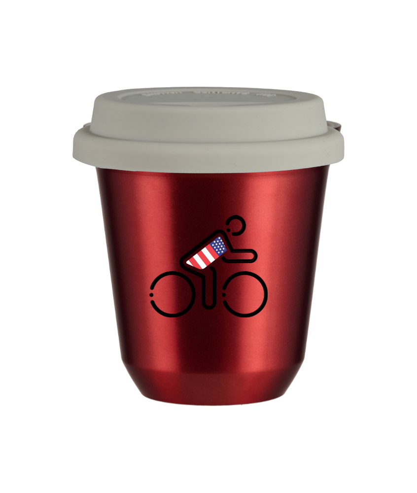 Tasse 80 ml ROUGE MÉTALLIQUE "Cycliste aux couleurs britanniques (noir)", avec couvercle blanc
