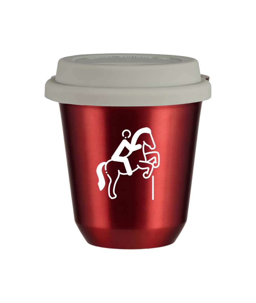 Tasse 80 ml ROUGE MÉTALLIQUE "Équitation 1 (blanc)", avec couvercle blanc