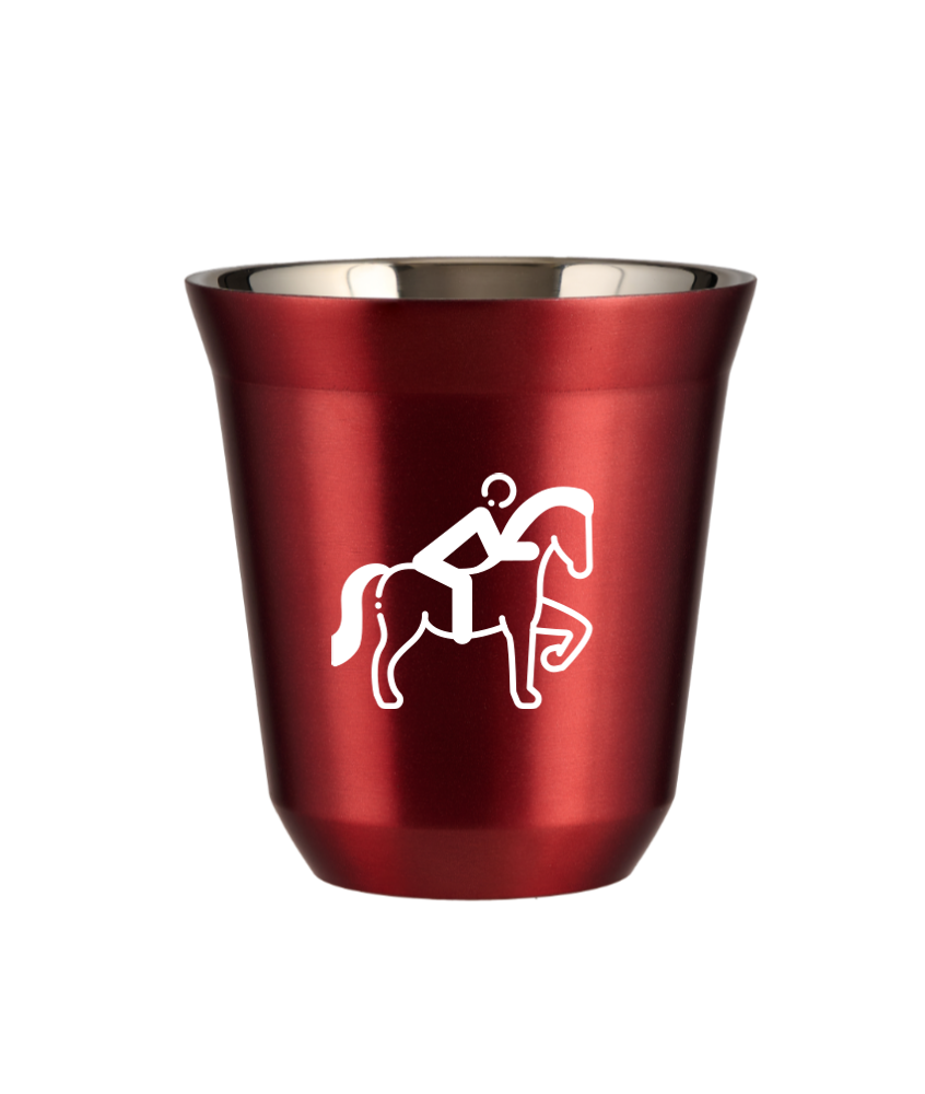 Tasse 80 ml ROUGE MÉTALLIQUE "Équitation 2 (blanc)"