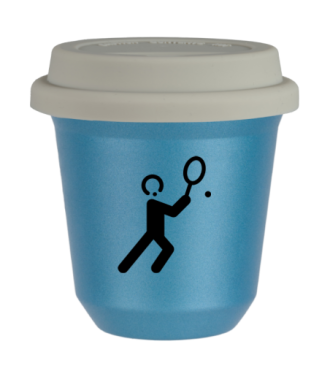 Tasse 80 ml BLEU CLAIR MÉTALLIQUE "Tennis 1 (noir)", avec couvercle blanc Tasse 80 ml BLEU CLAIR MÉTALLIQUE "Tennis 1 (noir)", avec couvercle blanc