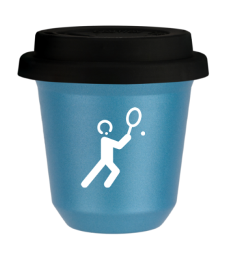 Tasse 80 ml BLEU CLAIR MÉTALLIQUE "Tennis 1 (blanc)", avec couvercle noir Tasse 80 ml BLEU CLAIR MÉTALLIQUE "Tennis 1 (blanc)", avec couvercle noir