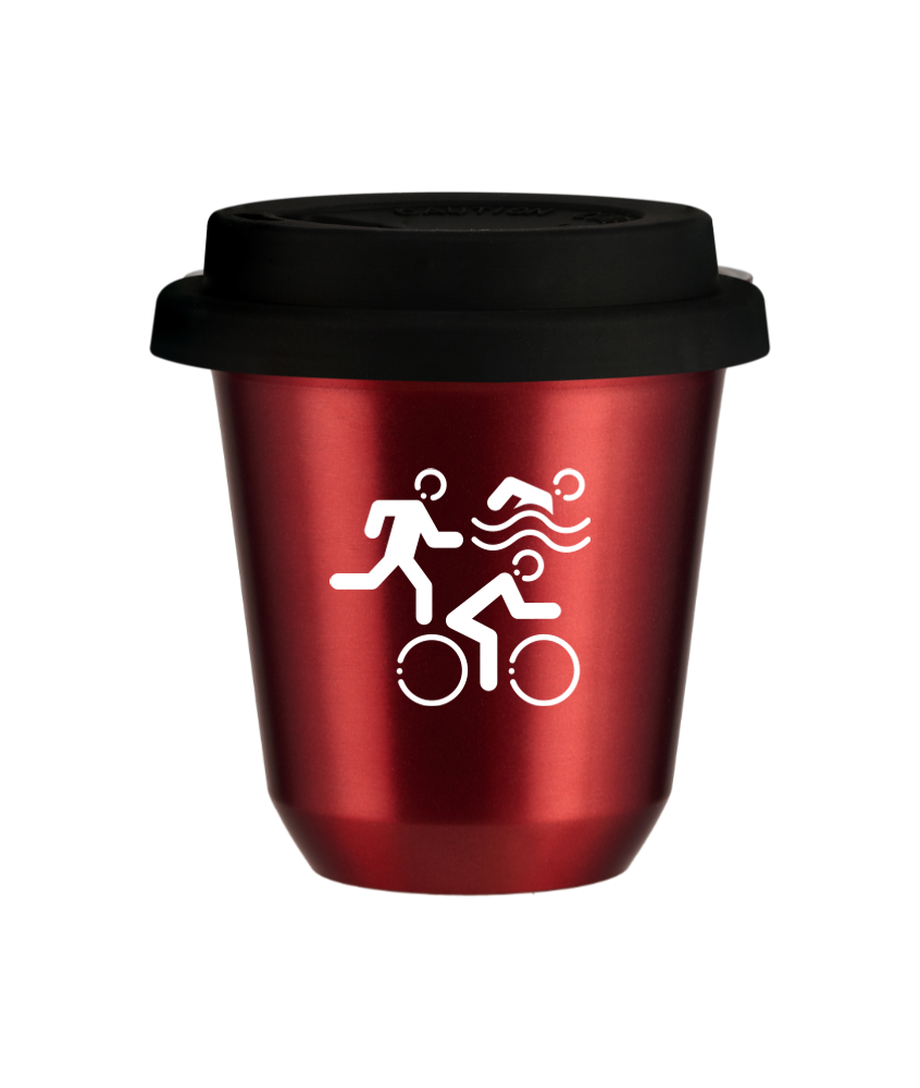 Tasse 80 ml ROUGE MÉTALLIQUE "Sports (blanc)", avec couvercle noir
