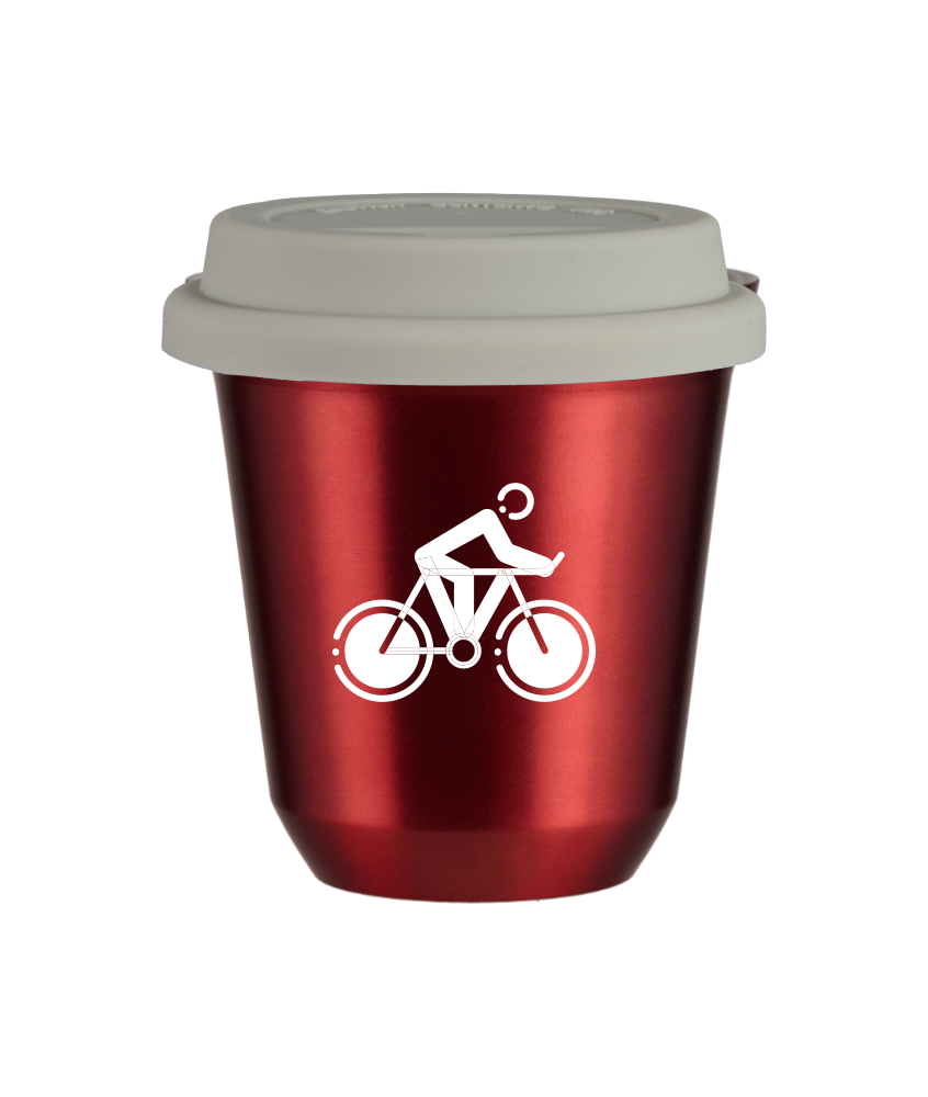 Tasse 80 ml ROUGE MÉTALLIQUE "Cyclisme 2 (blanc)", avec couvercle blanc