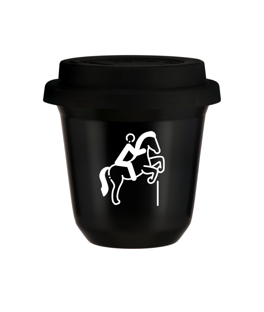 Tasse 80 ml NOIR "Équitation 1 (blanc)", avec couvercle noir Tasse 80 ml NOIR "Équitation 1 (blanc)", avec couvercle noir