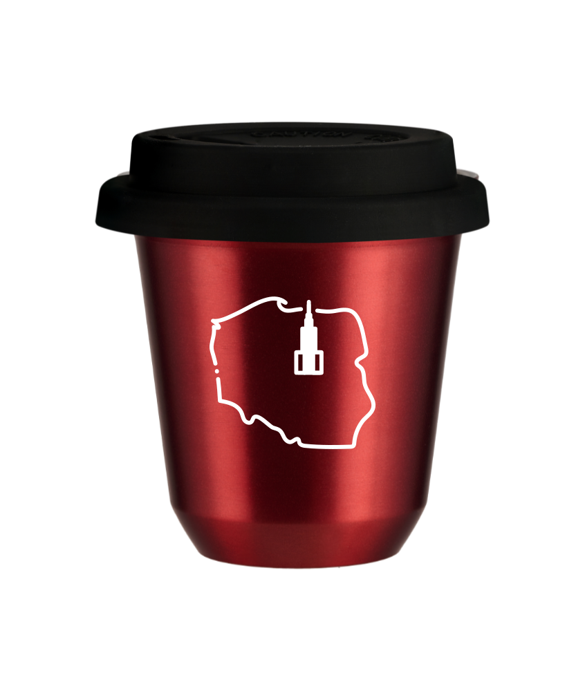 Tasse 80 ml ROUGE MÉTALLIQUE "Pologne (blanc)", avec couvercle noir