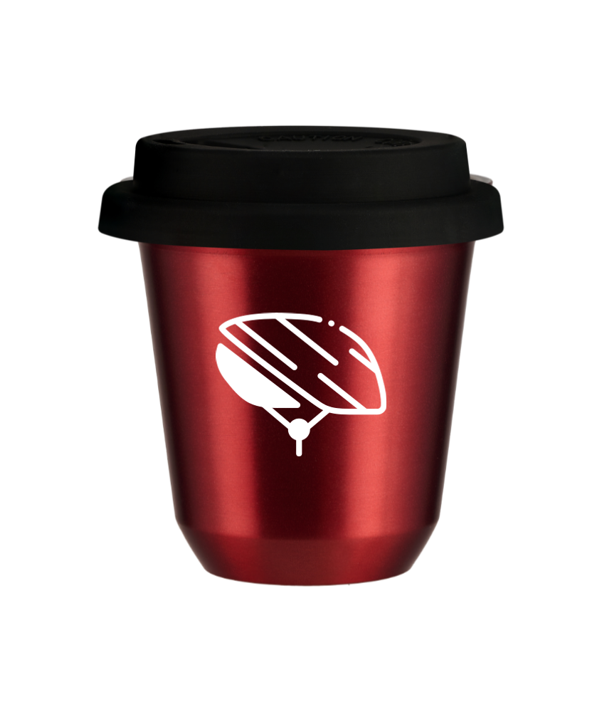Tasse 80 ml ROUGE MÉTALLIQUE "Casque (blanc)", avec couvercle noir