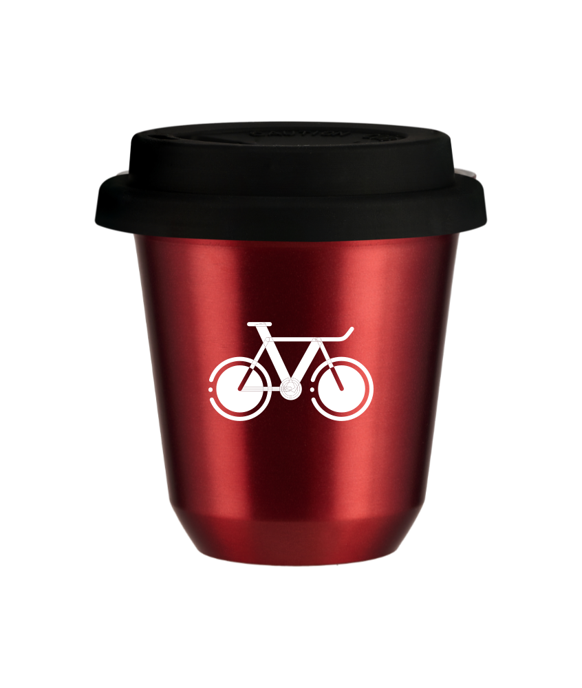 Tasse 80 ml ROUGE MÉTALLIQUE "Vélo 1 (blanc)", avec couvercle noir