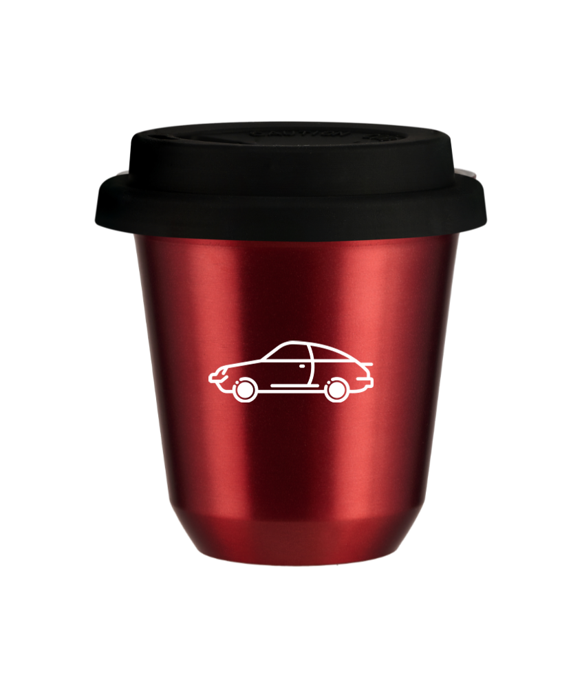 Tasse 80 ml ROUGE MÉTALLIQUE "Voiture (blanc)", avec couvercle noir Tasse 80 ml ROUGE MÉTALLIQUE "Voiture (blanc)", avec couvercle noir