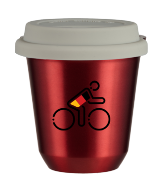 Tasse 80 ml ROUGE MÉTALLIQUE "Cycliste aux couleurs allemandes (noir)", avec couvercle blanc Tasse 80 ml ROUGE MÉTALLIQUE "Cycliste aux couleurs allemandes (noir)", avec couvercle blanc