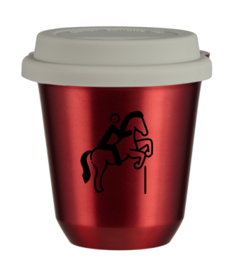 Tasse 80 ml ROUGE MÉTALLIQUE "Équitation 1", avec couvercle blanc Tasse 80 ml ROUGE MÉTALLIQUE "Équitation 1", avec couvercle blanc