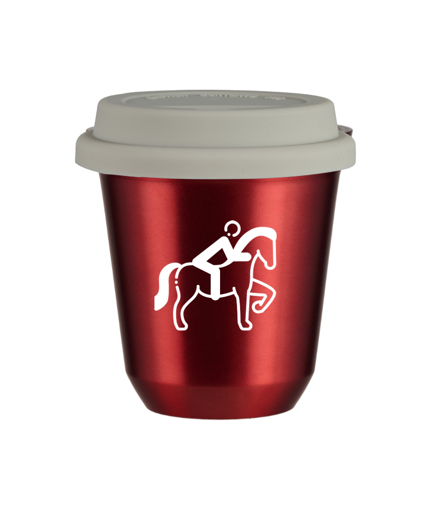 Tasse 80 ml ROUGE MÉTALLIQUE "Équitation 2 (blanc)", avec couvercle blanc Tasse 80 ml ROUGE MÉTALLIQUE "Équitation 2 (blanc)", avec couvercle blanc