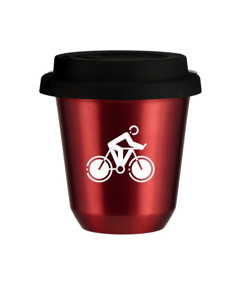 Tasse 80 ml ROUGE MÉTALLIQUE "Cyclisme 2 (blanc)", avec couvercle noir Tasse 80 ml ROUGE MÉTALLIQUE "Cyclisme 2 (blanc)", avec couvercle noir