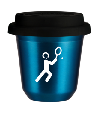 Tasse 80 ml BLEU MÉTALLIQUE "Tennis 1 (blanc)", avec couvercle noir Tasse 80 ml BLEU MÉTALLIQUE "Tennis 1 (blanc)", avec couvercle noir