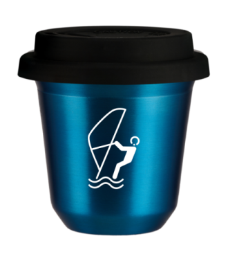 Tasse 80 ml BLEU MÉTALLIQUE "Sports nautiques (blanc)", avec couvercle noir Tasse 80 ml BLEU MÉTALLIQUE "Sports nautiques (blanc)", avec couvercle noir