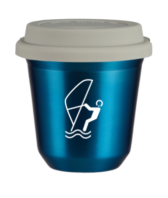 Tasse 80 ml BLEU MÉTALLIQUE "Sports nautiques (blanc)", avec couvercle blanc Tasse 80 ml BLEU MÉTALLIQUE "Sports nautiques (blanc)", avec couvercle blanc