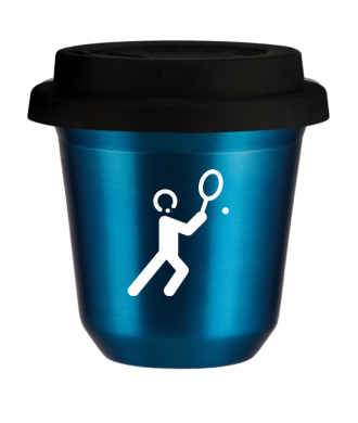 Tasse 80 ml BLEU MÉTALLIQUE "Tennis 1 (blanc)", avec couvercle noir Tasse 80 ml BLEU MÉTALLIQUE "Tennis 1 (blanc)", avec couvercle noir