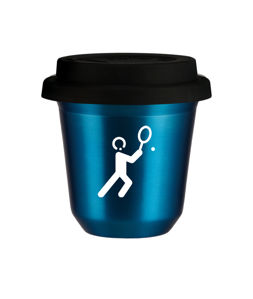 Tasse 80 ml BLEU MÉTALLIQUE "Tennis 1 (blanc)", avec couvercle noir