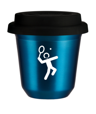 Tasse 80 ml BLEU MÉTALLIQUE "Tennis 2 (blanc)", avec couvercle noir Tasse 80 ml BLEU MÉTALLIQUE "Tennis 2 (blanc)", avec couvercle noir