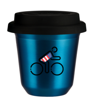 Tasse 80 ml BLEU MÉTALLIQUE "Cycliste aux couleurs britanniques", avec couvercle noir Tasse 80 ml BLEU MÉTALLIQUE "Cycliste aux couleurs britanniques", avec couvercle noir