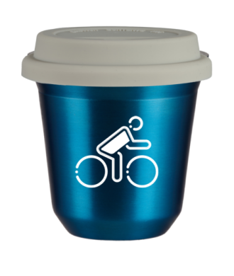 Tasse 80 ml BLEU MÉTALLIQUE "Cycliste aux couleurs polonaises (blanc)", avec couvercle blanc Tasse 80 ml BLEU MÉTALLIQUE "Cycliste aux couleurs polonaises (blanc)", avec couvercle blanc