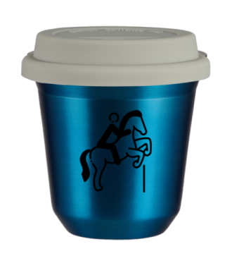 Tasse 80 ml BLEU MÉTALLIQUE "Équitation 1", avec couvercle blanc Tasse 80 ml BLEU MÉTALLIQUE "Équitation 1", avec couvercle blanc