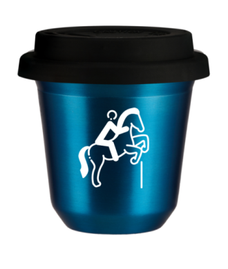 Tasse 80 ml BLEU MÉTALLIQUE "Équitation 1 (blanc)", avec couvercle noir Tasse 80 ml BLEU MÉTALLIQUE "Équitation 1 (blanc)", avec couvercle noir