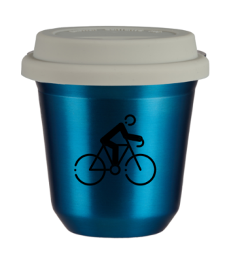 Tasse 80 ml BLEU MÉTALLIQUE "Cyclisme 3", avec couvercle blanc Tasse 80 ml BLEU MÉTALLIQUE "Cyclisme 3", avec couvercle blanc