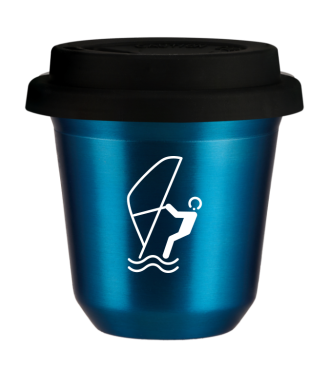 Tasse 80 ml BLEU MÉTALLIQUE "Sports nautiques (blanc)", avec couvercle noir Tasse 80 ml BLEU MÉTALLIQUE "Sports nautiques (blanc)", avec couvercle noir