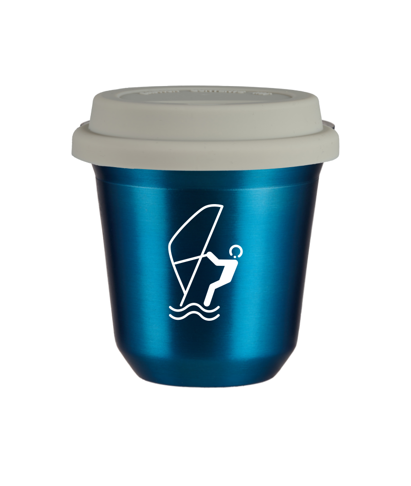Tasse 80 ml BLEU MÉTALLIQUE "Sports nautiques (blanc)", avec couvercle blanc