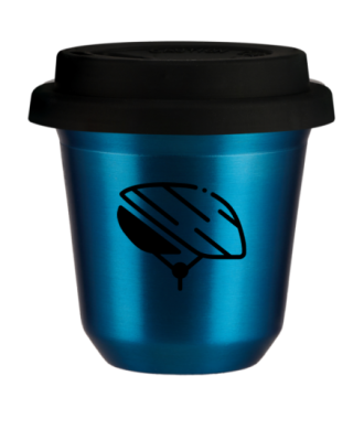 Tasse 80 ml BLEU MÉTALLIQUE "Casque", avec couvercle noir Tasse 80 ml BLEU MÉTALLIQUE "Casque", avec couvercle noir