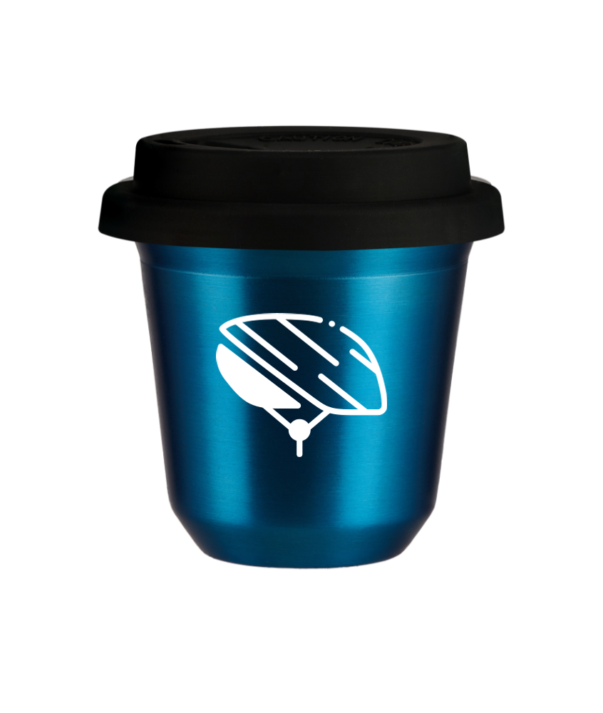 Tasse 80 ml BLEU MÉTALLIQUE "Casque (blanc)", avec couvercle noir Tasse 80 ml BLEU MÉTALLIQUE "Casque (blanc)", avec couvercle noir