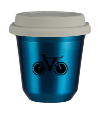 Tasse 80 ml BLEU MÉTALLIQUE "Vélo 1 (noir)", avec couvercle blanc Tasse 80 ml BLEU MÉTALLIQUE "Vélo 1 (noir)", avec couvercle blanc