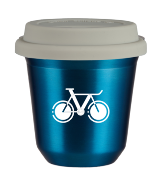 Tasse 80 ml BLEU MÉTALLIQUE "Vélo 1 (blanc)", avec couvercle blanc Tasse 80 ml BLEU MÉTALLIQUE "Vélo 1 (blanc)", avec couvercle blanc