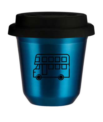 Tasse 80 ml BLEU MÉTALLIQUE "Bus", avec couvercle noir Tasse 80 ml BLEU MÉTALLIQUE "Bus", avec couvercle noir