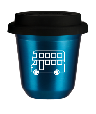 Tasse 80 ml BLEU MÉTALLIQUE "Bus (blanc)", avec couvercle noir Tasse 80 ml BLEU MÉTALLIQUE "Bus (blanc)", avec couvercle noir