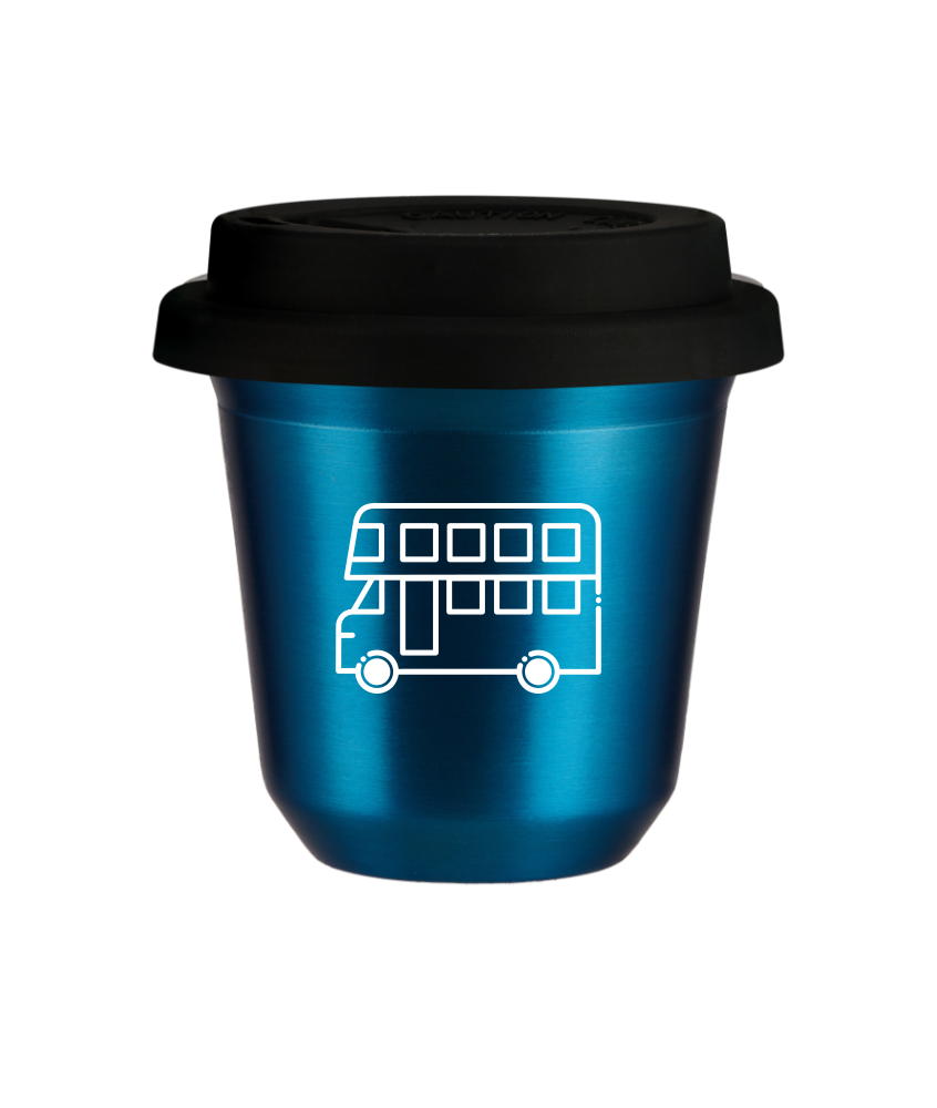 Tasse 80 ml BLEU MÉTALLIQUE "Bus (blanc)", avec couvercle noir