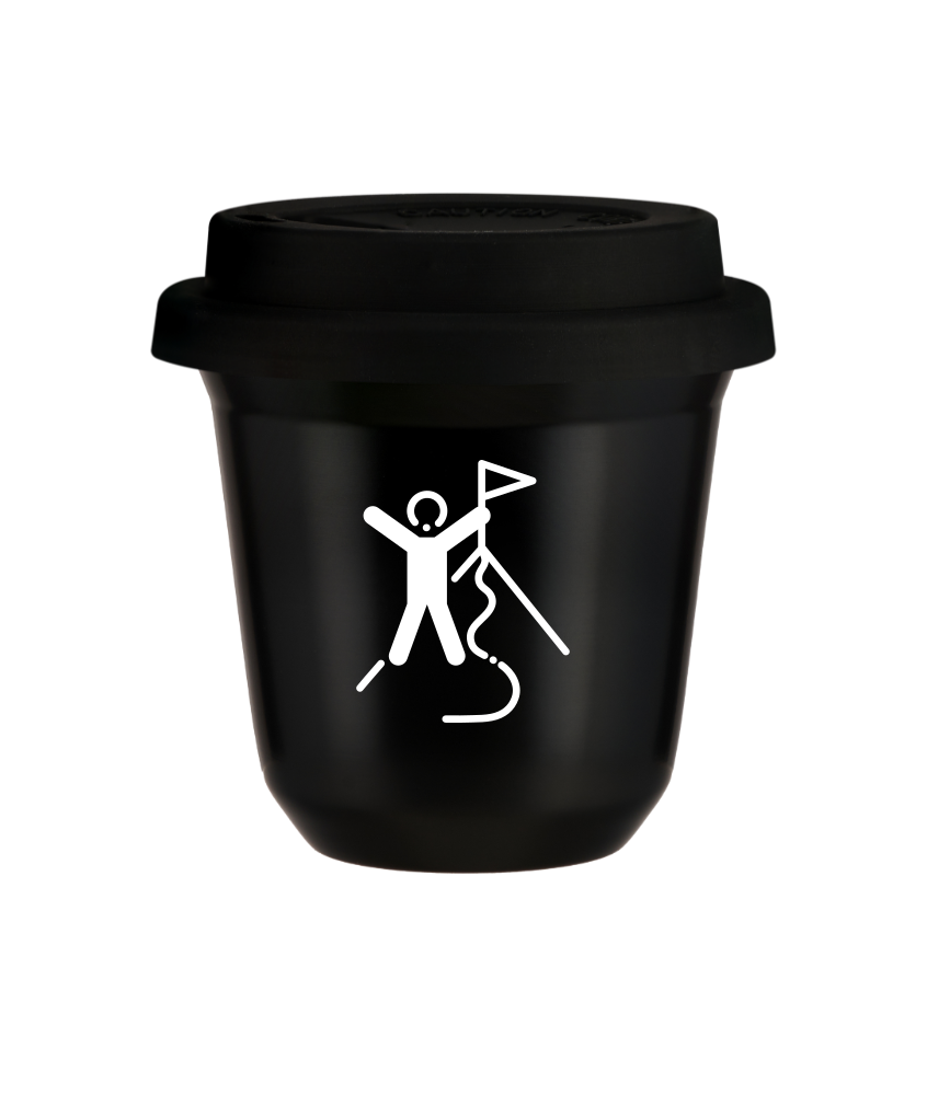 Tasse 80 ml NOIR "Escalade 1 (blanc)", avec couvercle noir