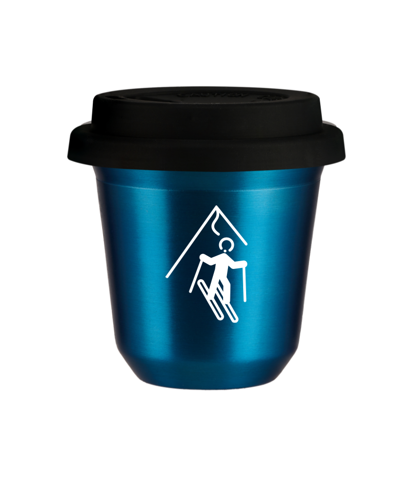 Tasse 80 ml BLEU MÉTALLIQUE "Ski (blanc)", avec couvercle noir