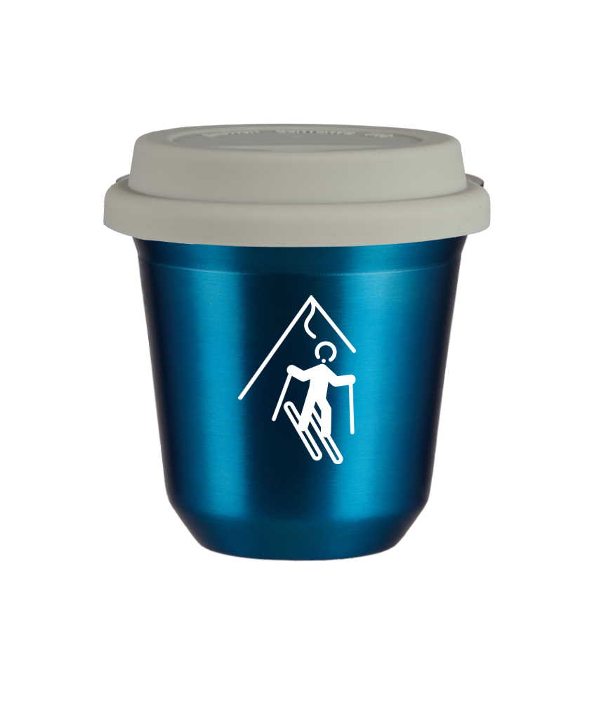 Tasse 80 ml BLEU MÉTALLIQUE "Ski (blanc)", avec couvercle blanc